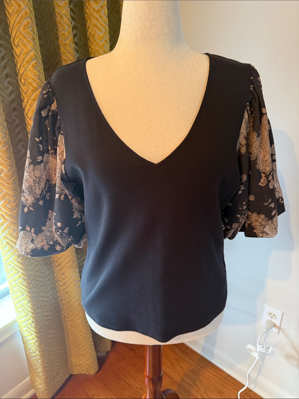dolan Black V-Neck Top with Beige Floral Puff Sleeves